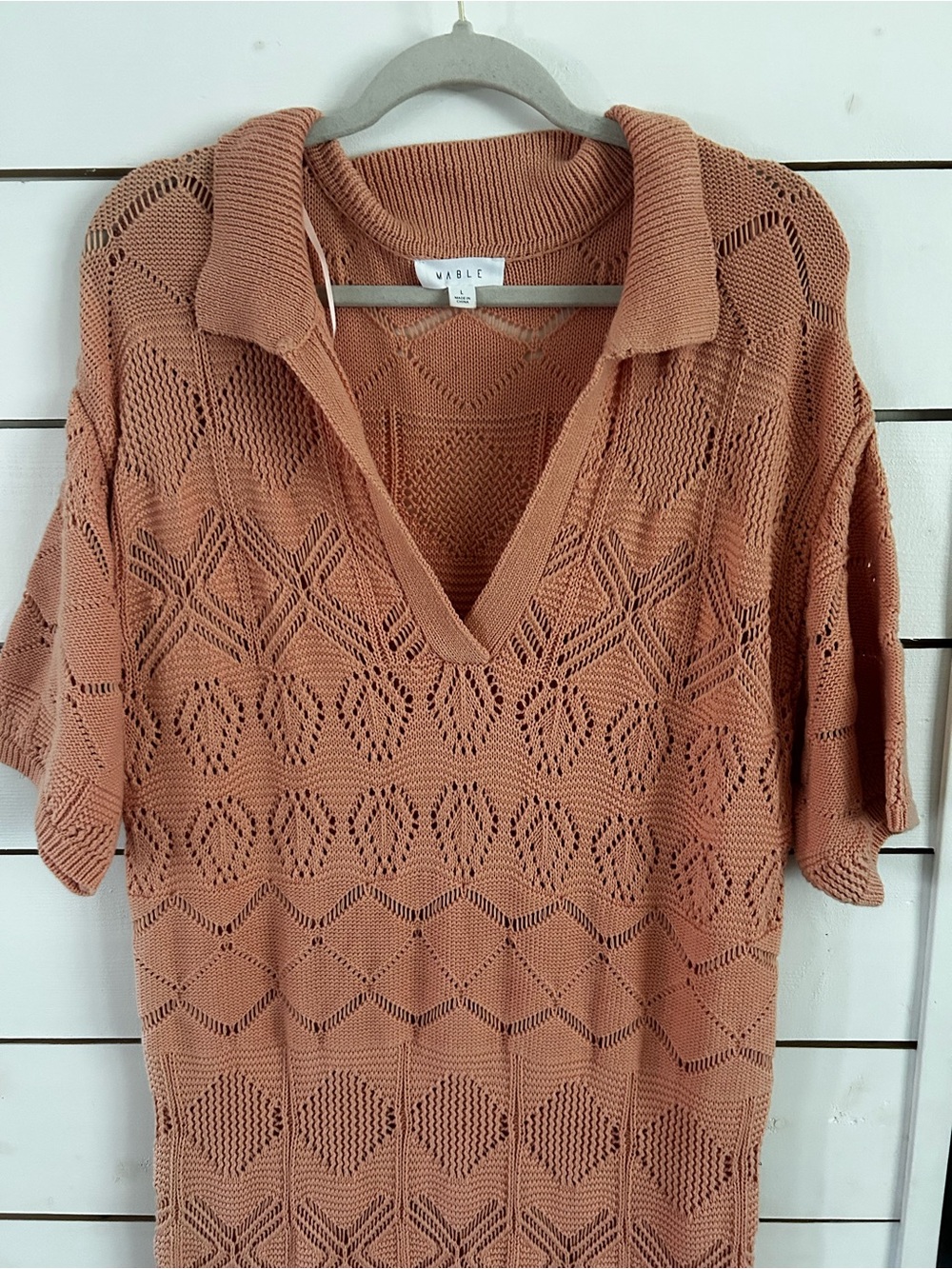 MARBLE Peach Openwork Crochet Sweater Collared Midi Dress Women’s Large - Picture 7 of 11